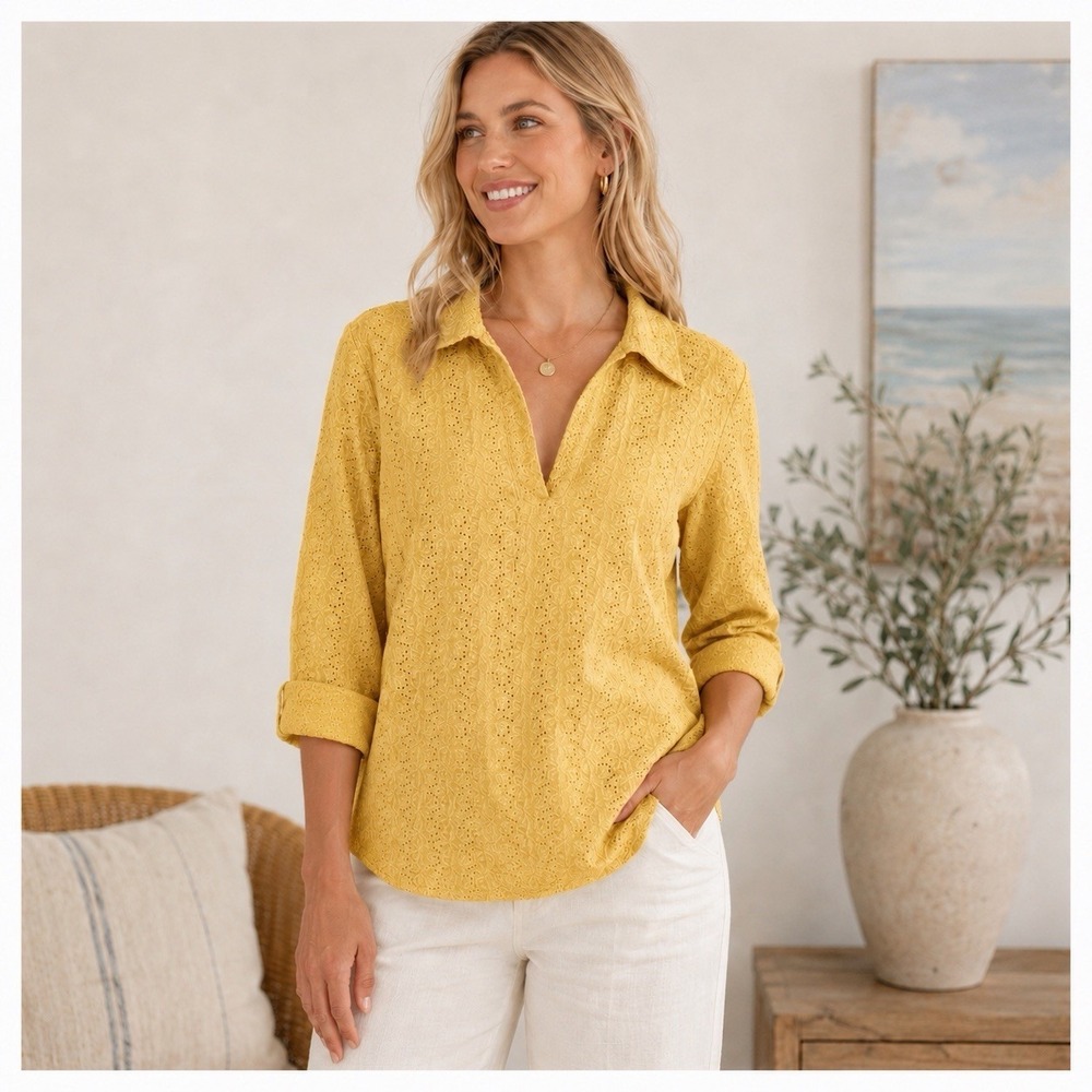 Tweeds Womens XL Yellow Linen Eyelet Blouse Floral Collared Coastal Chic Top